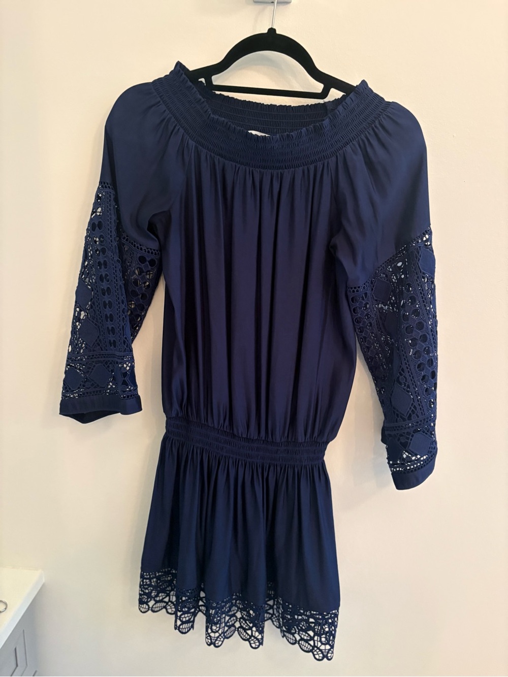 Ramy Brook Navy Smocked Off-Shoulder Dress with gorgeous detail- arms and hem